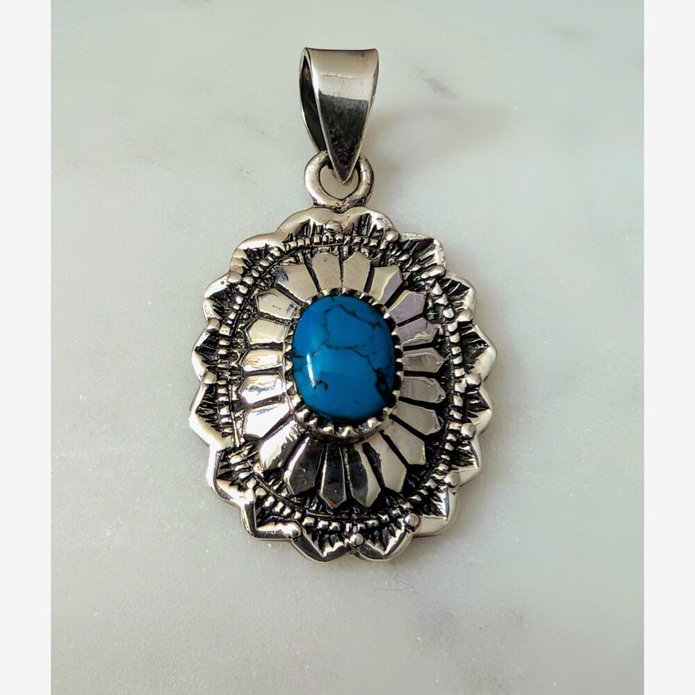Navajo Jim Calladitto Sterling Silver Turquoise Concho Pendant